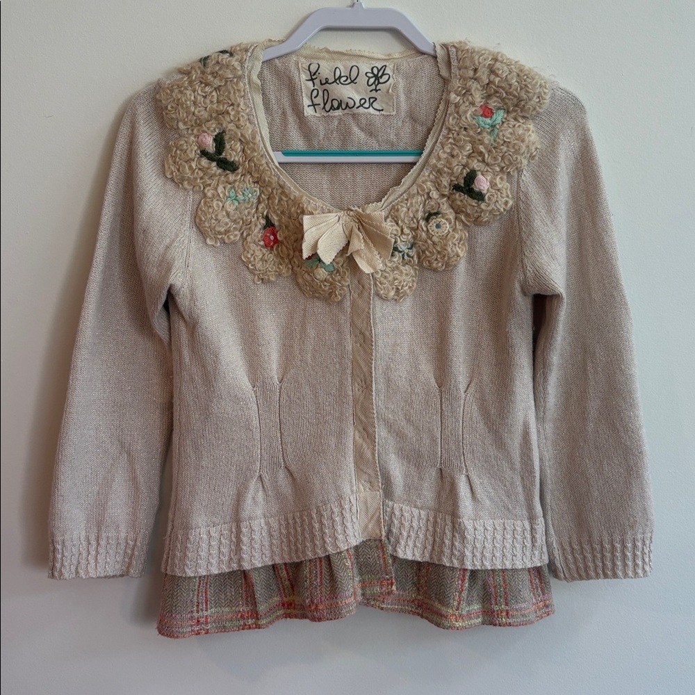 Anthropologie Field Flower Cardigan Sweater Size medium Button Peplum Hem cream - Picture 2 of 12